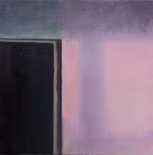 doorway in pink adobe wall with afternoon shadows; oil on canvas
