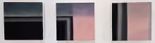 Three wall segments of a doorway in a pink adobe structure; shadows in green and mauve; oil on canvas