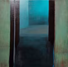 doorway, centered, in green adobe wall showing a turquoise corner