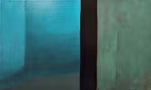 turquoise corner with green adobe wall on right side; black edge of the doorway is a middle stripe