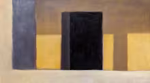 doorway centered in yellow adobe wall with column; sunset shadows; oil on canvas